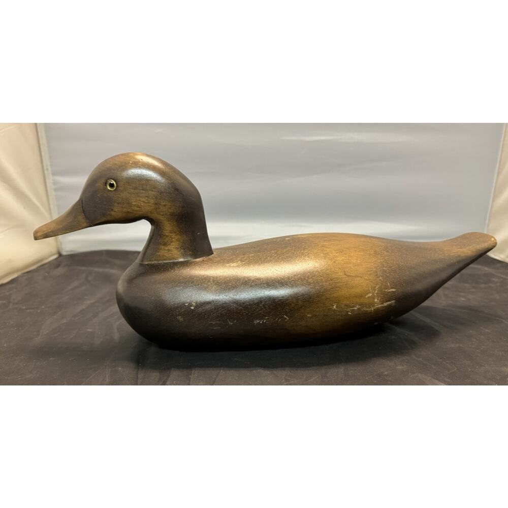 16" Vtg Hand Carved Wood Duck Decoy Stained Natural Finish Glass Eyes Folk Art
